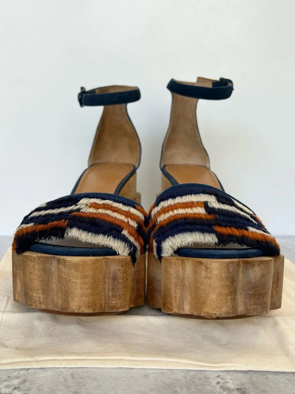Tory Burch Alma Platform Wooden Block Heel Sandals, Blue Suede 10.5 Like New!